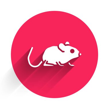 Beyaz Fare simgesi uzun gölgeli izole edilmiş. Fare işareti. Hayvan sembolü. Kırmızı daire düğmesi. Vektör