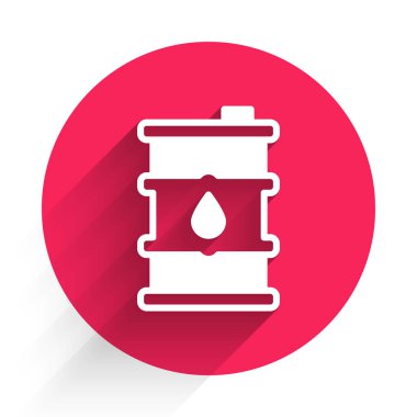 Beyaz Varil yağ ikonu uzun gölgeli izole edilmiş. Kırmızı daire düğmesi. Vektör