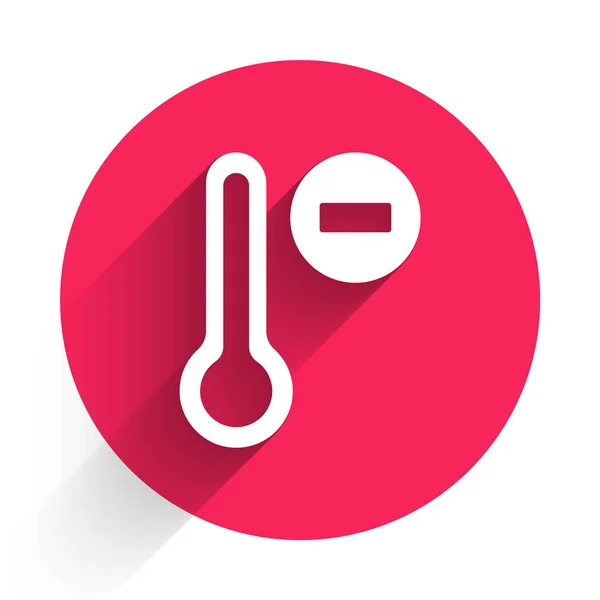White Meteorology thermometer measuring icon isolated with long shadow. Thermometer equipment showing hot or cold weather. Red circle button. Vector — Stock Vector