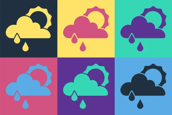 Pop Art Wolke mit Regen und Sonne Icon isoliert auf farbigem Hintergrund. Regenwolken mit Regentropfen. Vektor — Stockvektor