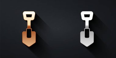 Altın ve gümüş kürek simgesi siyah arkaplanda izole edilmiş. Bahçe aletleri. Bahçecilik, tarım, çiftçilik aleti. Uzun gölge tarzı. Vektör