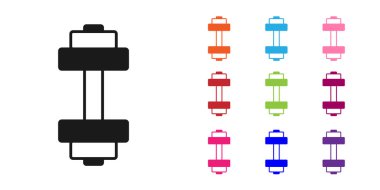 Siyah Dumbbell simgesi beyaz arkaplanda izole edildi. Kas kaldırma ikonu, fitness halteri, spor aletleri, egzersiz yaban domuzu. Simgeleri renklendirin. Vektör