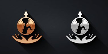 Altın ve gümüş Dünya genişleme simgesi siyah arkaplanda izole edildi. Uzun gölge tarzı. Vektör