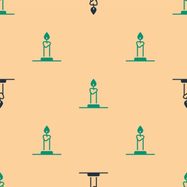 Mum simgesinde yeşil ve siyah yanan mum bej arka planda izole edilmiş pürüzsüz desen. Silindirik mum çubuğu ve yanan ateş. Vektör