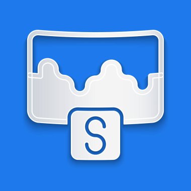 Kağıt kesiği Müzik dalga eşitleyici simgesi mavi arkaplanda izole edildi. Ses dalgası. Ses dijital dengeleyici teknolojisi, konsol paneli, nabız müzikali. Kağıt sanatı tarzı. Vektör