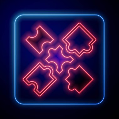 Parlayan neon yapboz parçaları siyah arkaplanda izole edilmiş oyuncak ikonu. Vektör