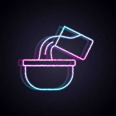 Parlayan neon hattı Saucepan simgesi siyah arkaplanda izole edildi. Ot pişiriyorum. Haşlama ya da güveç besin sembolü. Vektör