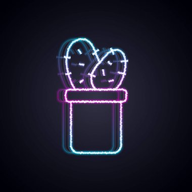 Siyah arka planda izole edilmiş tencere simgesinde parlayan neon çizgisi Kaktüs peyote. Tencerede yetişen bir bitki. Saksı bitkisi işareti. Vektör