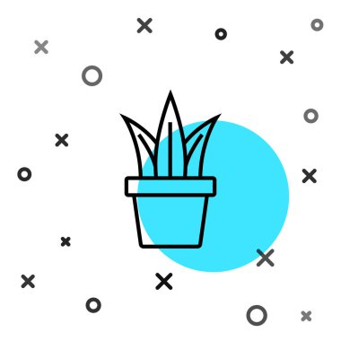 Esrar ikonundaki siyah çizgi bitkisi beyaz arkaplanda izole edilmiş. Tencerede yetişen bir bitki. Saksı bitkisi işareti. Rastgele dinamik şekiller. Vektör