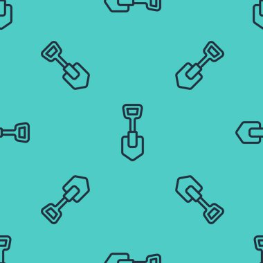 Siyah çizgi kürek ikonu yeşil arka planda kusursuz desen izole etti. Bahçe aletleri. Bahçecilik, tarım, çiftçilik aleti. Vektör