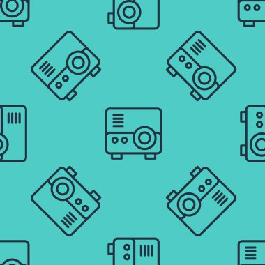 Siyah çizgi sunumu, film, film, medya projektör ikonu yeşil arkaplandaki kusursuz deseni izole etti. Vektör