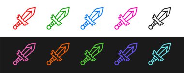 Ortaçağ kılıç simgesini siyah beyaz arkaplanda izole et. Ortaçağ silahı. Vektör