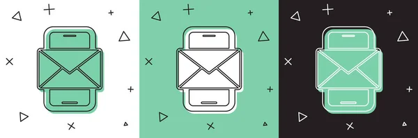 Définir Mobile et enveloppe, nouveau message, icône de courrier isolé sur fond blanc et vert, noir. Utilisation pour les bulletins électroniques, en-têtes, messages de blog. Vecteur — Image vectorielle