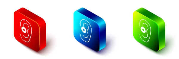 Ισομετρική εικόνα ακουστικού βοηθήματος που απομονώνεται σε λευκό φόντο. Ακρόαση και αυτί. Κόκκινο, μπλε και πράσινο τετράγωνο κουμπί. Διάνυσμα — Διανυσματικό Αρχείο