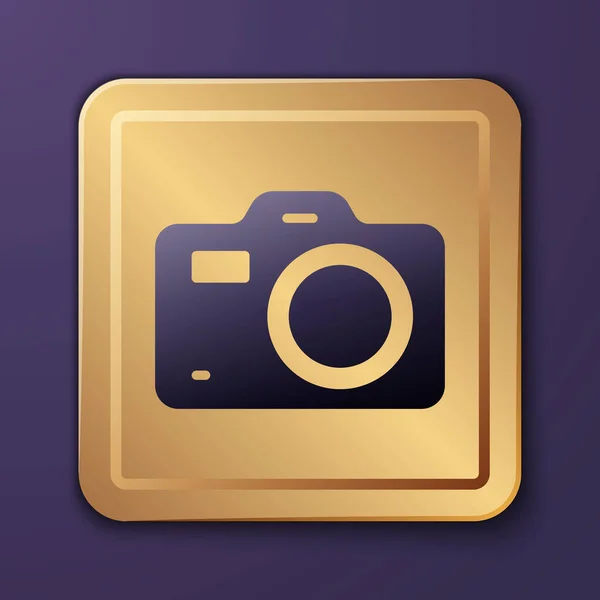 Purple Photo camera icon isolated on purple background. Foto camera. Digital photography. Gold square button. Vector — Stock Vector