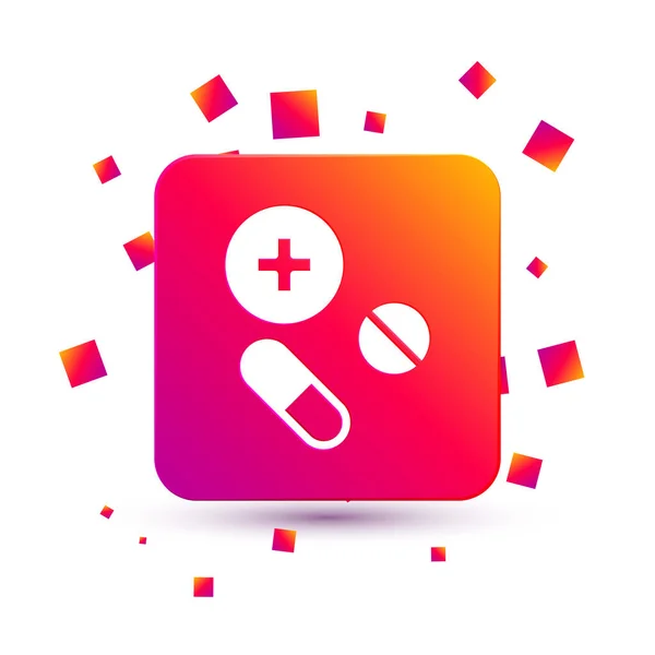 Witte Medicijn pil of tablet pictogram geïsoleerd op witte achtergrond. Capsule pil en drugsteken. Farmaceutisch ontwerp. Vierkante kleur knop. Vector — Stockvector