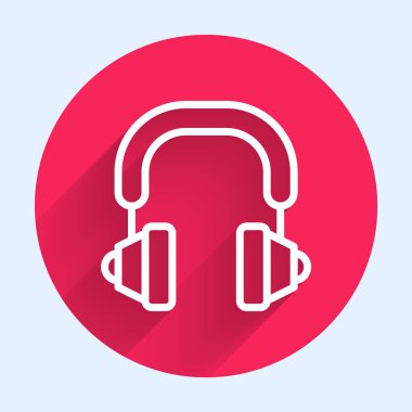Beyaz çizgi kulaklık simgesi uzun gölgeli izole edilmiş. Kulaklıklar. Müzik, hizmet, iletişim ve operatör konsepti. Kırmızı daire düğmesi. Vektör