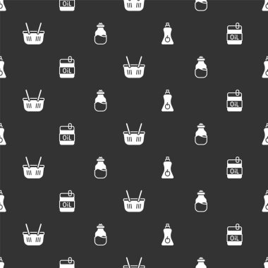 Sos şişesi, bir şişe zeytinyağı, alışveriş sepeti ve baharat kutusu. Vektör