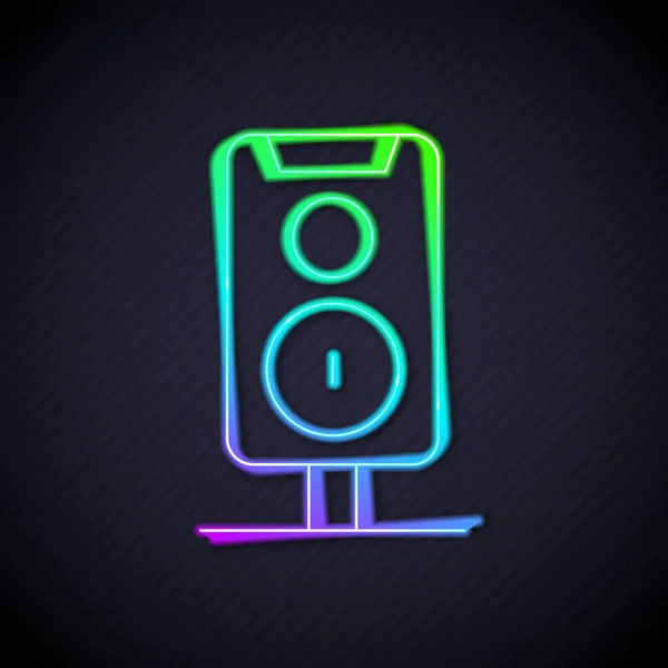 Ragyogó neon vonal sztereó hangszóró ikon elszigetelt fekete háttérrel. Hangosbeszélők. Zenei ikon. Zenei oszlop hangszóró basszus berendezések. Vektor — Stock Vector