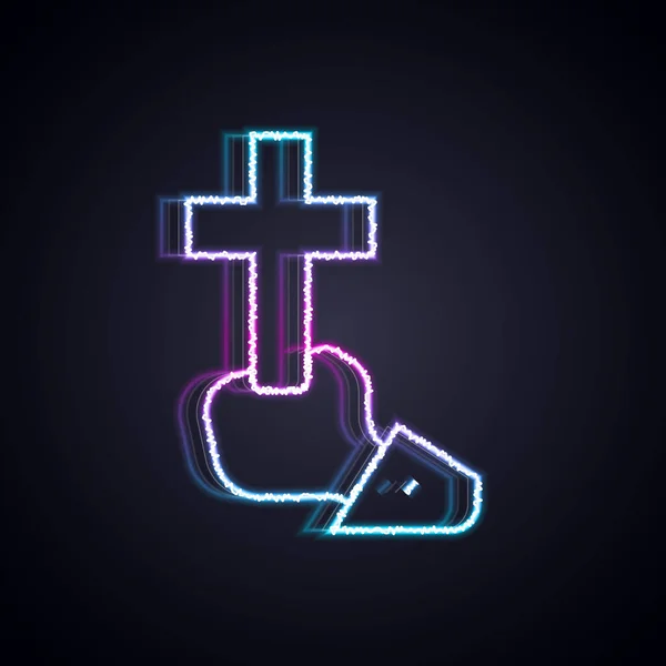 Linea neon luminosa icona della croce cristiana isolata su sfondo nero. Croce della Chiesa. Vettore — Vettoriale Stock