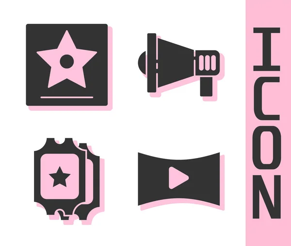 Set Online play video, Hollywood walk of fame star, Cinema ticket and Megaphone icon. Vector — Vetor de Stock