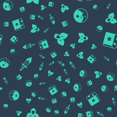 Manto, pelerin, ay ve yıldızlar, ortaçağ kılıcı ve dikişsiz desen üzerine antik büyü kitabı. Vektör