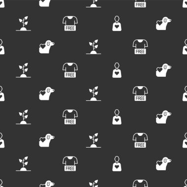 Gönüllü, köpekli kalp, ağaç dikme ve giysi bağışı. Vektör