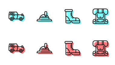 Avcı botları, off road vagonu, şapka ve yürüyüş sırt çantası ikonu. Vektör