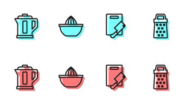 Kesme tahtası, et helikopteri, elektrikli su ısıtıcısı, meyve sıkacağı ve rende ikonu ayarlayın. Vektör