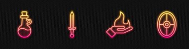 El ateş tutuyordu, bir şişe zeytinyağı, ortaçağ kılıcı ve Yunan kalkanı. Parlayan neon ikonu. Vektör