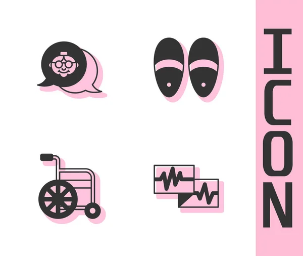 Moniteur avec cardiogramme, grand-mère, fauteuil roulant et pantoufles icône. Vecteur — Image vectorielle