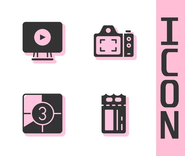 Set Cinema ticket, Online play video, Old film movie countdown frame and Photo camera icon. Vector — Vetor de Stock