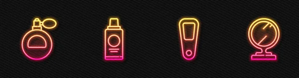 Set line Hand mirror, Perfume, Bottle of shampoo and Round makeup. Glowing neon icon. Vector —  Vetores de Stock