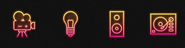 Set line Stereo speaker, Retro cinema camera, Light bulb with concept of idea and Vinyl player. Glowing neon icon. Vector — Stock Vector