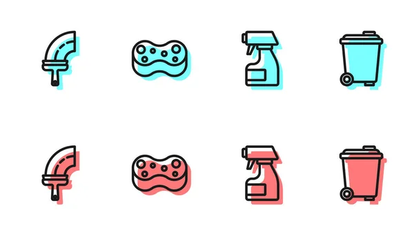 Set line Botella de spray de limpieza, Limpiador de goma para ventanas, Esponja y Papelera icono lata. Vector — Vector de stock