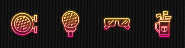 Állítsa be szemüveg, Golf sport klub, labda a tee és táska klubok. Ragyogó neon ikon. Vektor — Stock Vector