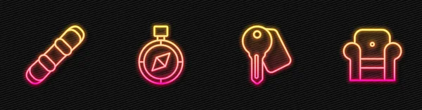 Set line Hotel door lock key, Snowboard, Compass and Armchair. Glowing neon icon. Vector — Stock Vector