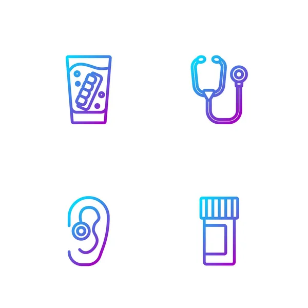 Set line Medicine bottle and pills, Hearing aid, False jaw glass and Stethoscope. Gradient color icons. Vector — Stock Vector