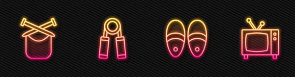 Set line Slippers, Knitting, Sport expander and Retro tv. Glowing neon icon. Vector — Διανυσματικό Αρχείο