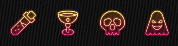 Çizgi Skull, iksirli şişe, Ortaçağ kadehi ve Hayalet. Parlayan neon ikonu. Vektör — Stok Vektör