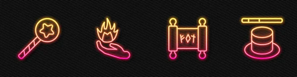 Set line Magic scroll, wand, Hand holding fire and hat. Glowing neon icon. Vector — Διανυσματικό Αρχείο