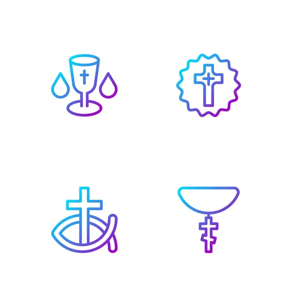 Establecer línea cristiana cruz en la cadena, pescado, cáliz y. Iconos de color degradado. Vector — Archivo Imágenes Vectoriales