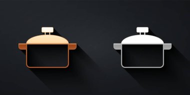 Altın ve gümüş tencere ikonu siyah arka planda izole edilmiş. Haşlama ya da güveç besin sembolü. Uzun gölge tarzı. Vektör