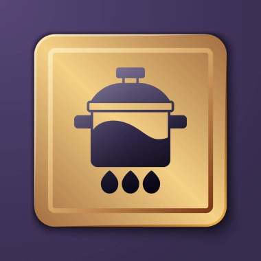 Mor tencere ikonu, mor arka planda izole edilmiş. Haşlama ya da güveç besin sembolü. Altın kare düğme. Vektör