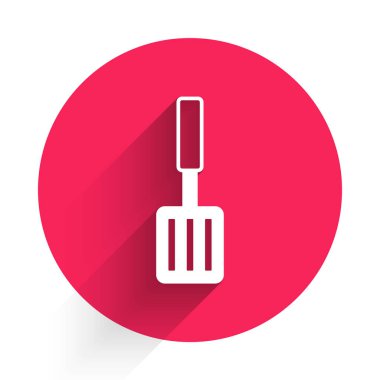 Beyaz ızgara spatula ikonu uzun gölgeli izole edilmiş. Mutfak spatula ikonu. Barbekü spatula işareti. Barbekü ve ızgara aleti. Kırmızı daire düğmesi. Vektör