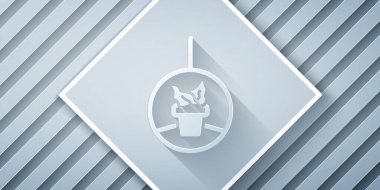 Kağıt kesiği, gri arka planda izole edilmiş saksı ikonunda bitki asma ikonu. Çiçek saksısı için el yapımı dekoratif makrome askılar, kapalı alandaki bitkiler. Kağıt sanatı tarzı. Vektör