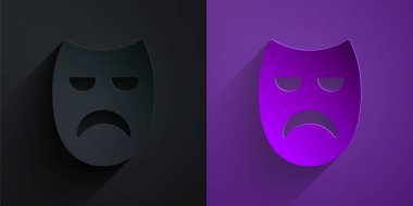Kağıt kesiği dramatik maske simgesi mor arka planda siyah üzerine izole edilmiş. Kağıt sanatı tarzı. Vektör