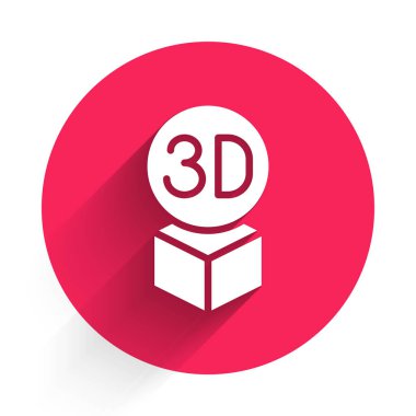 Uzun gölgeli beyaz Isome küp simgesi. Geometrik küp katı simge. 3 boyutlu kare işareti. Kutu sembolü. Kırmızı daire düğmesi. Vektör