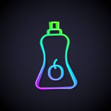 Parlayan neon hattı sos şişesi simgesi siyah arka planda izole edilmiş. Ketçap, hardal ve fast food için soslu mayonez şişeleri. Vektör