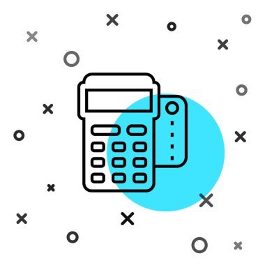 Beyaz arkaplanda siyah çizgi POS terminali ve eklenmiş kredi kartı ve yazdırılmış alıcı simgesi var. NFC ödeme konsepti. Rastgele dinamik şekiller. Vektör